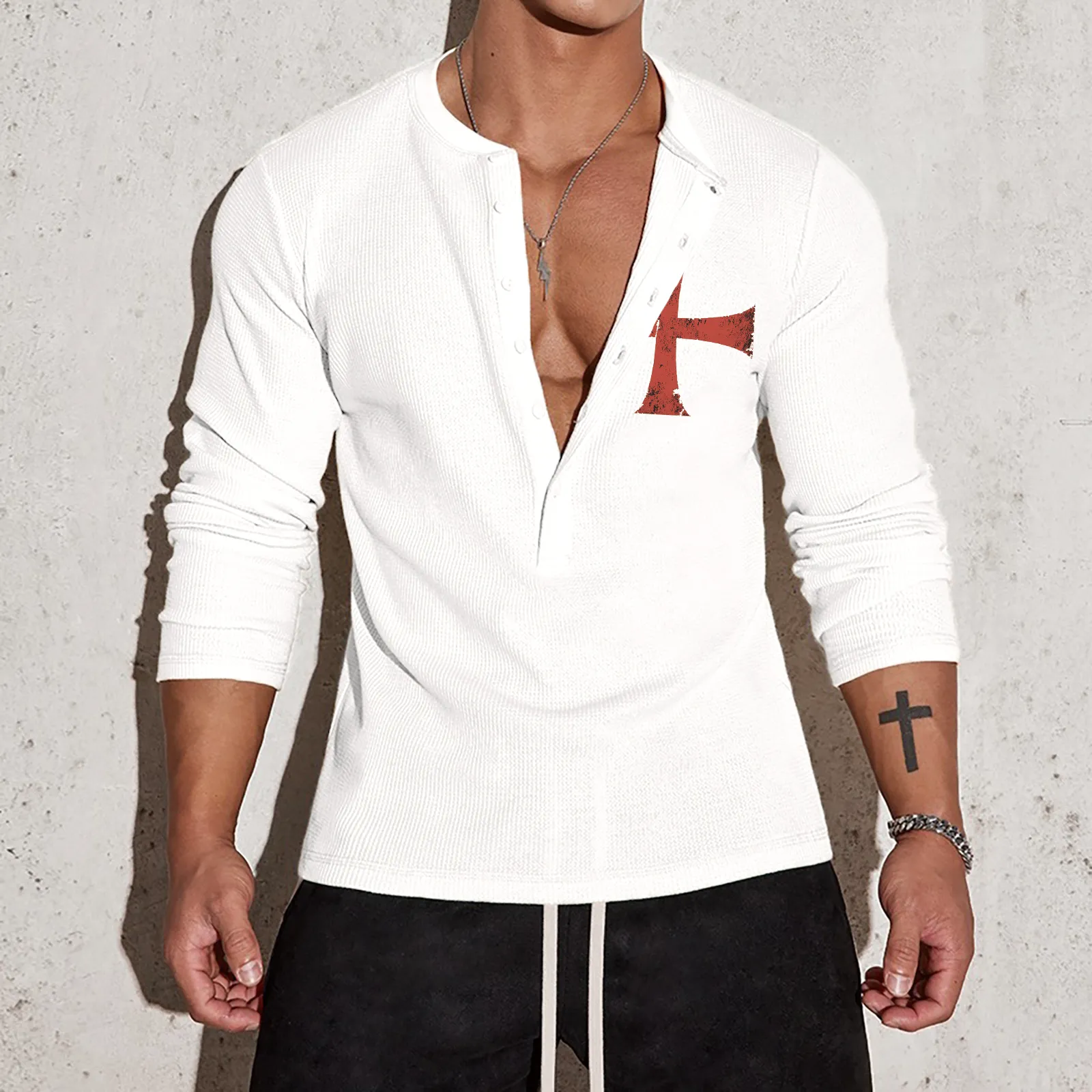 CROSS HALF BUTTON HENLEY NECK GRAPHIC LONG SLEEVE T-SHIRT