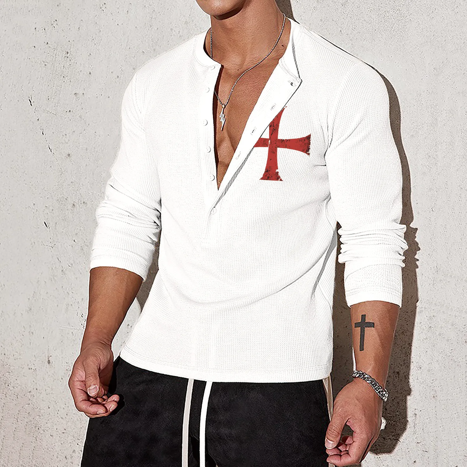 CROSS HALF BUTTON HENLEY NECK GRAPHIC LONG SLEEVE T-SHIRT