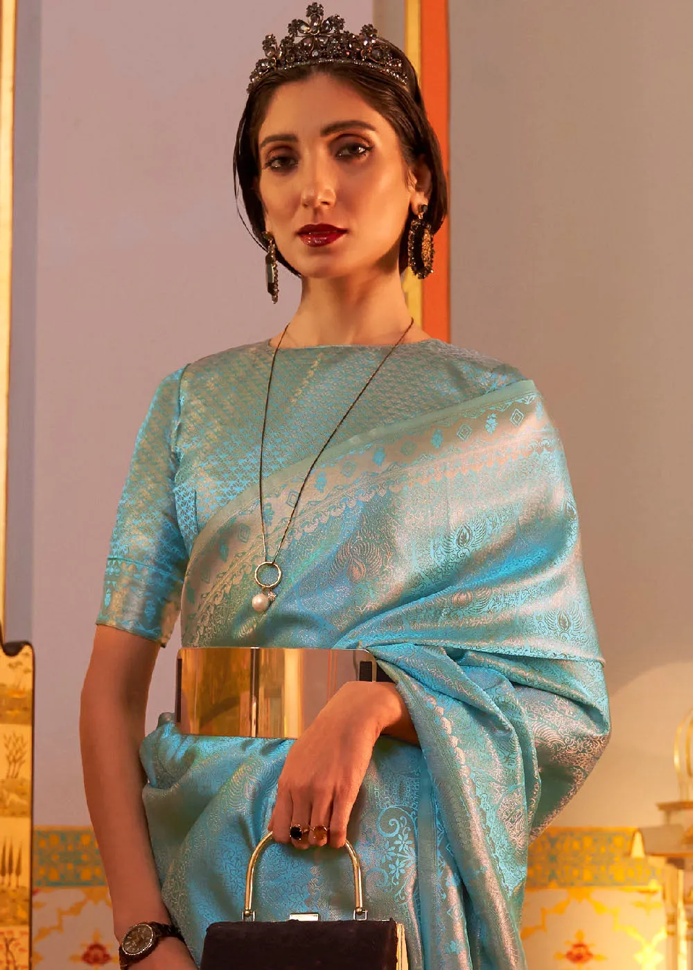 Cyan Blue Designer Satin Silk Saree