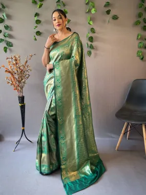 Dark Green Saree in Kanjeevaram Silk Self Peacock Woven