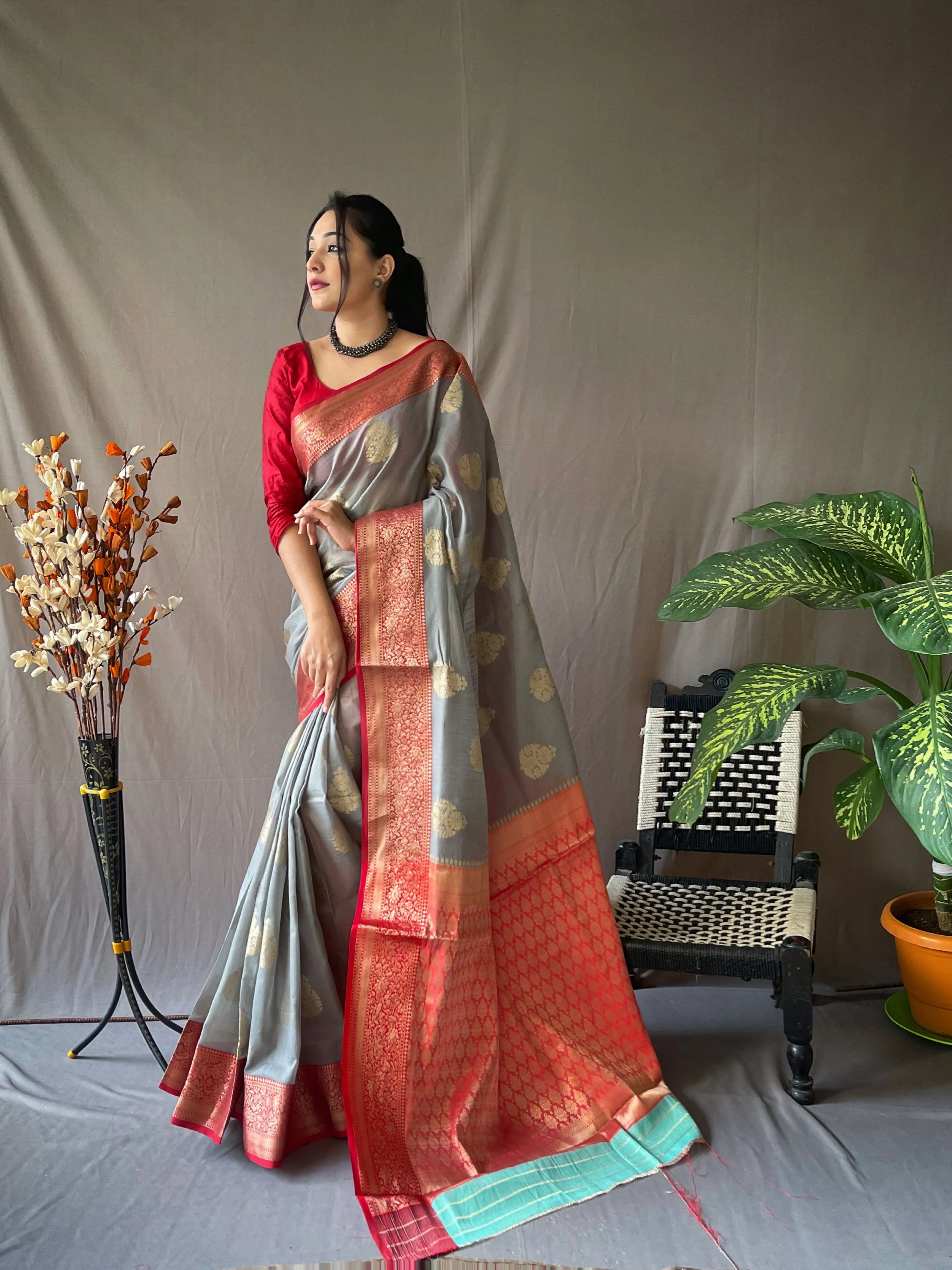 Dark Grey Saree in Linen