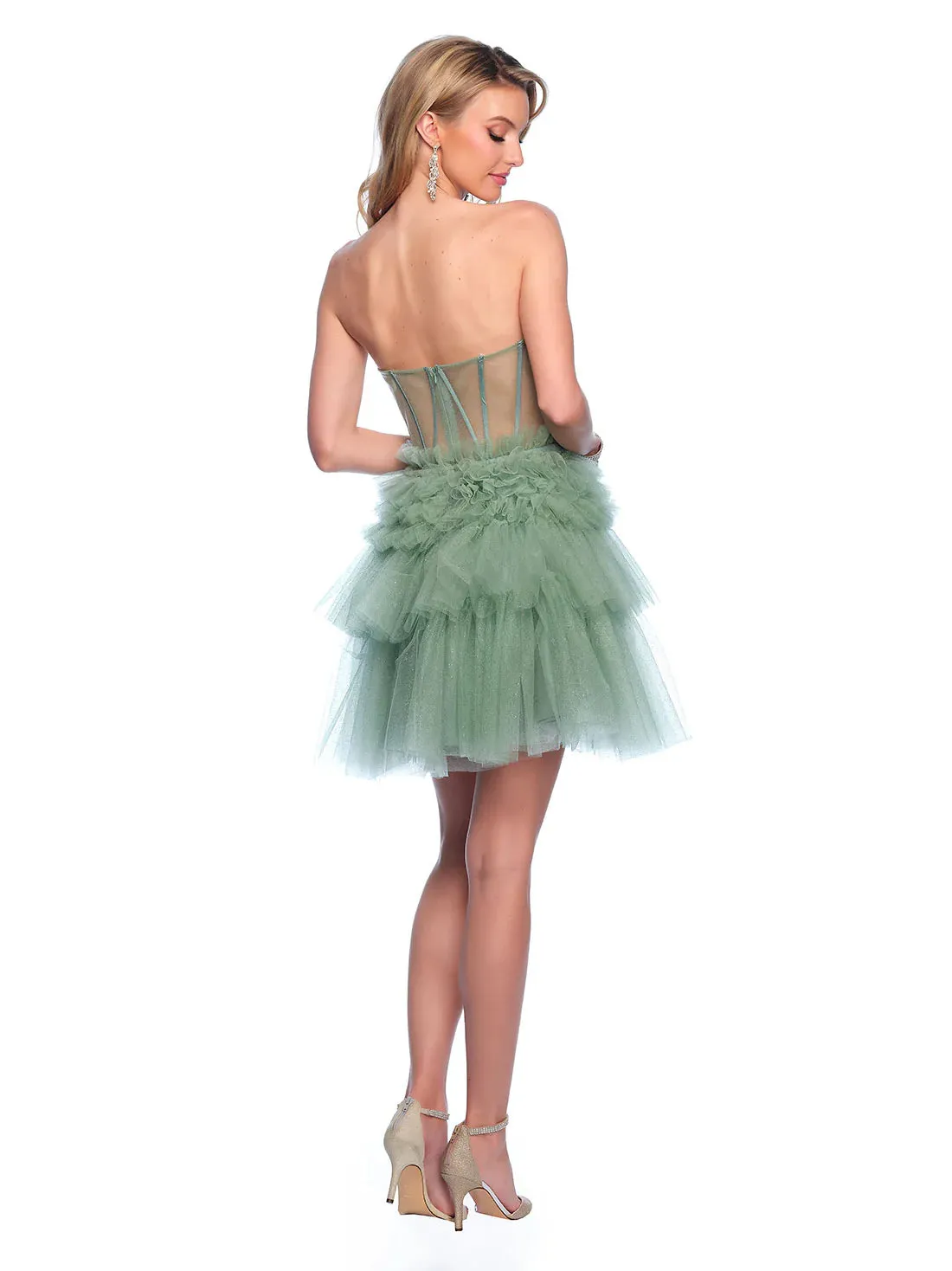 Dave & Johnny 11826 Shimmer Sheer Corset Homecoming Dress Ruffle Layer Cocktail Gown