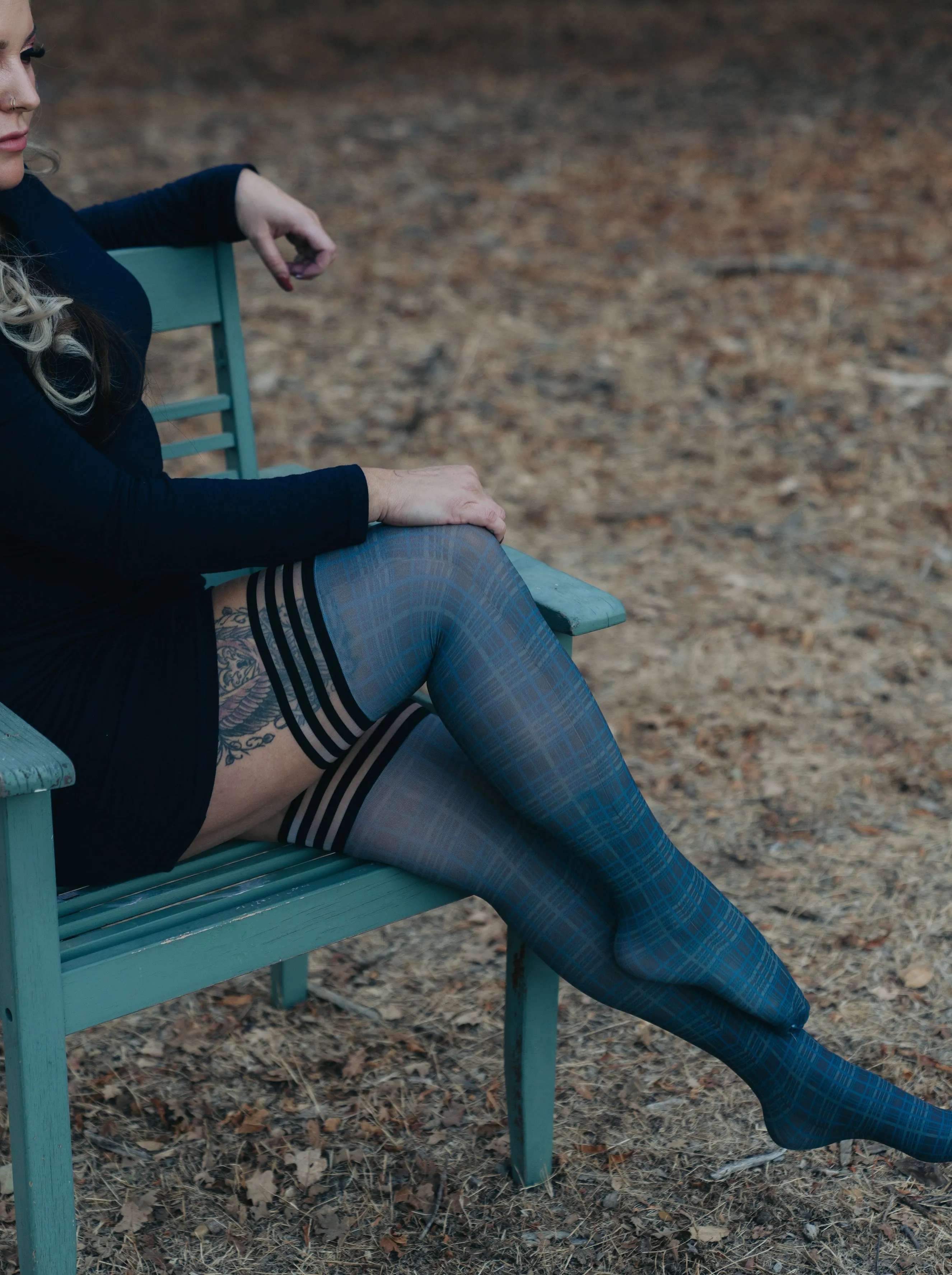 Debbie: Navy Plaid Thigh Highs. Petite to Plus Size