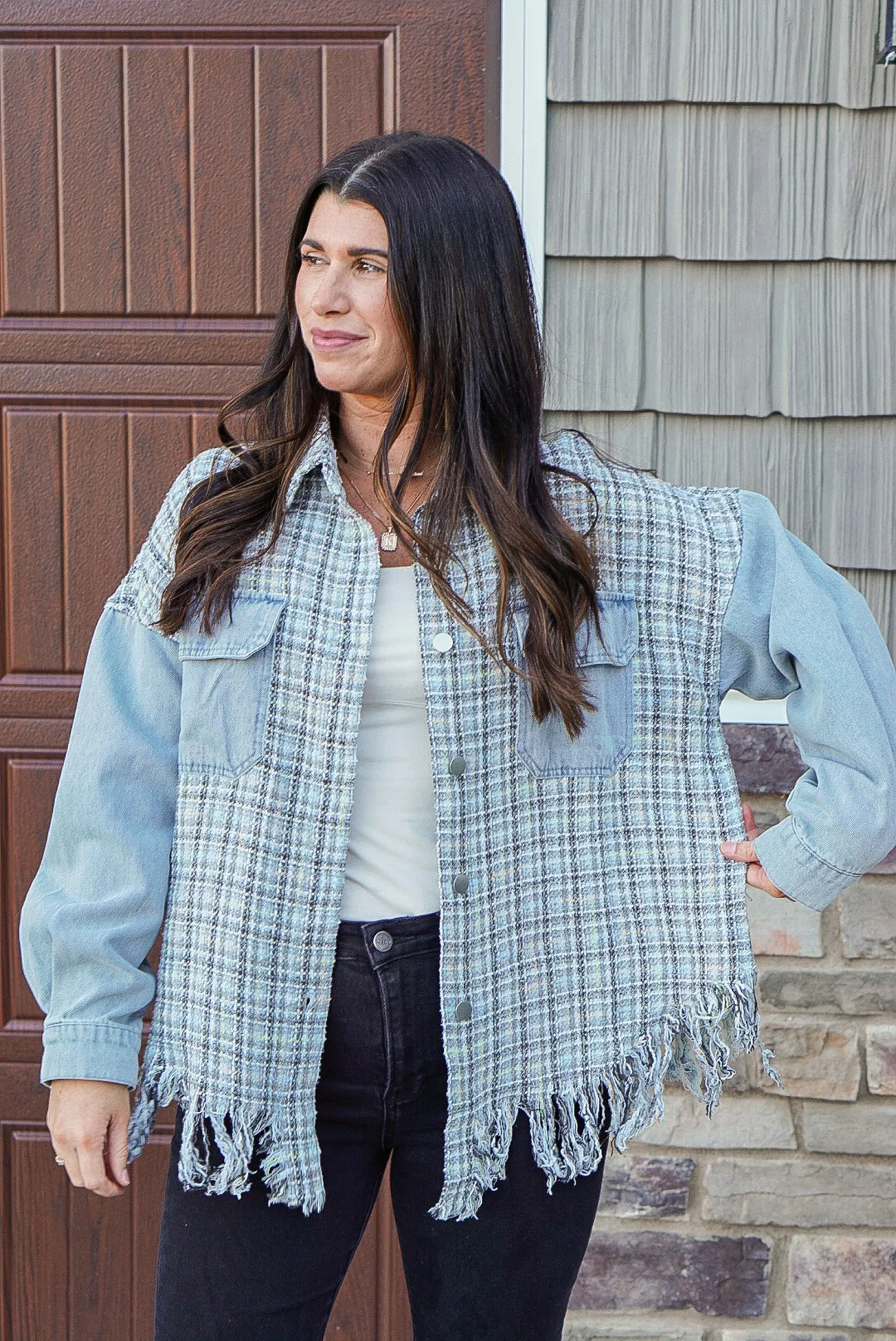 Denim Grey Plaid Mix Shacket