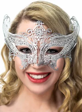 Divine Silver and White Metal Lace Masquerade Mask