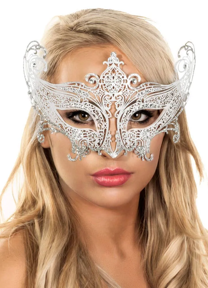 Divine Silver and White Metal Lace Masquerade Mask