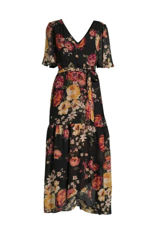 Donna Ricco Floral Flutter Sleeve Chiffon Wrap Dress