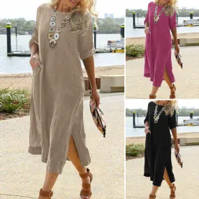 DUNNMALL  ebay  European and American Leisure Retro Long Shirt Dress Long Sleeve Slit Hemline at Hem Dress