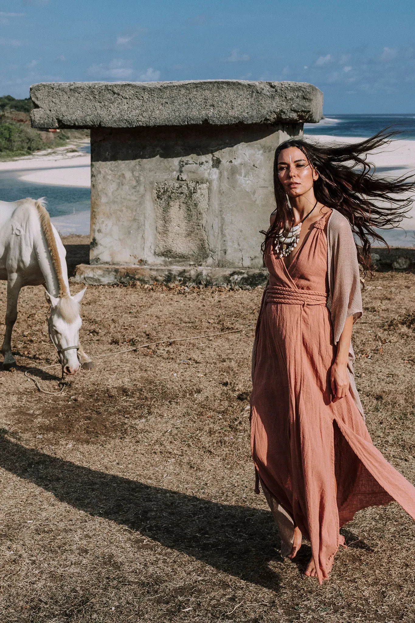 Dusty Pink Organic Bohemian Maxi Bridesmaid Dress with Hand Loomed Threaded Back