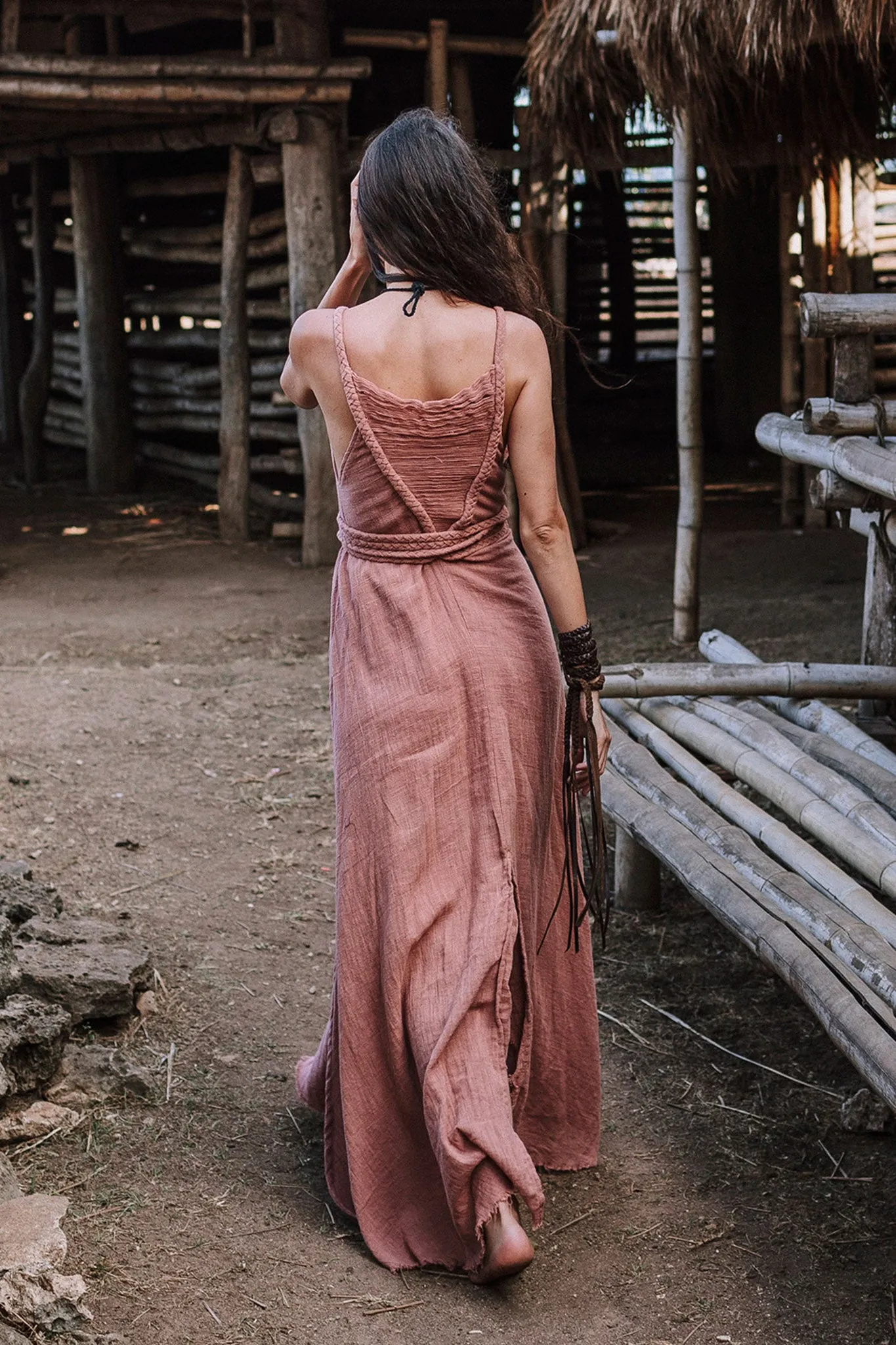 Dusty Pink Organic Bohemian Maxi Bridesmaid Dress with Hand Loomed Threaded Back