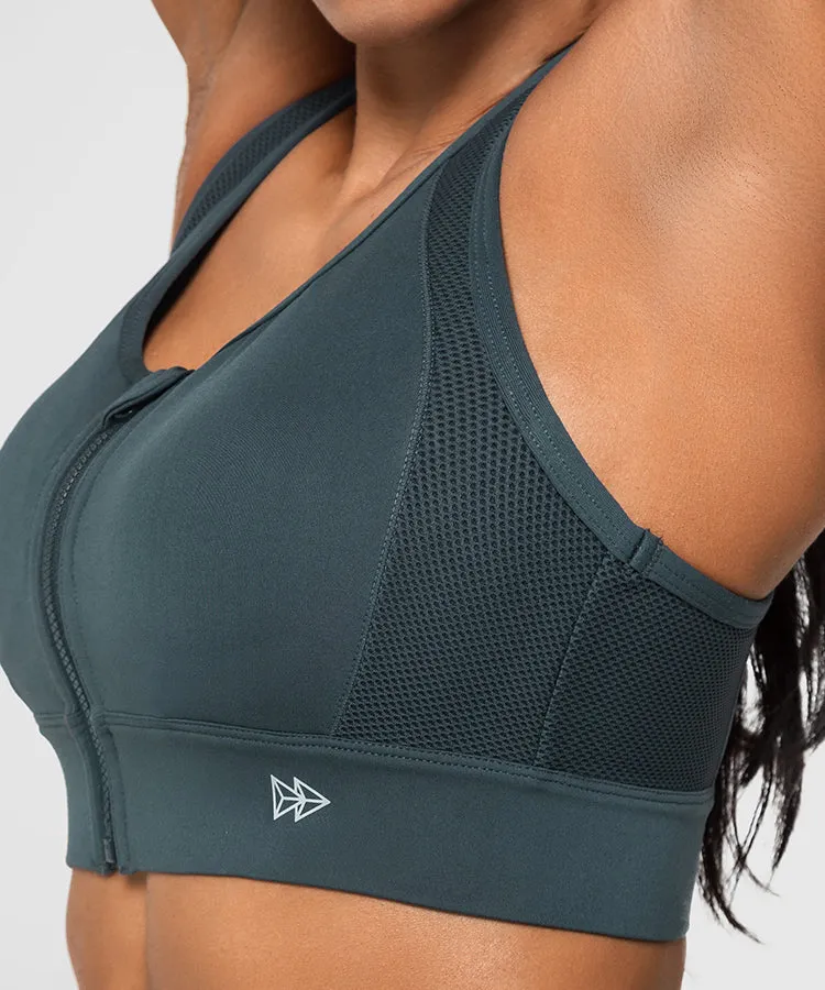 Enfold Zip Front Racerback Padded Running Bra | Women's High Support Sports Bra