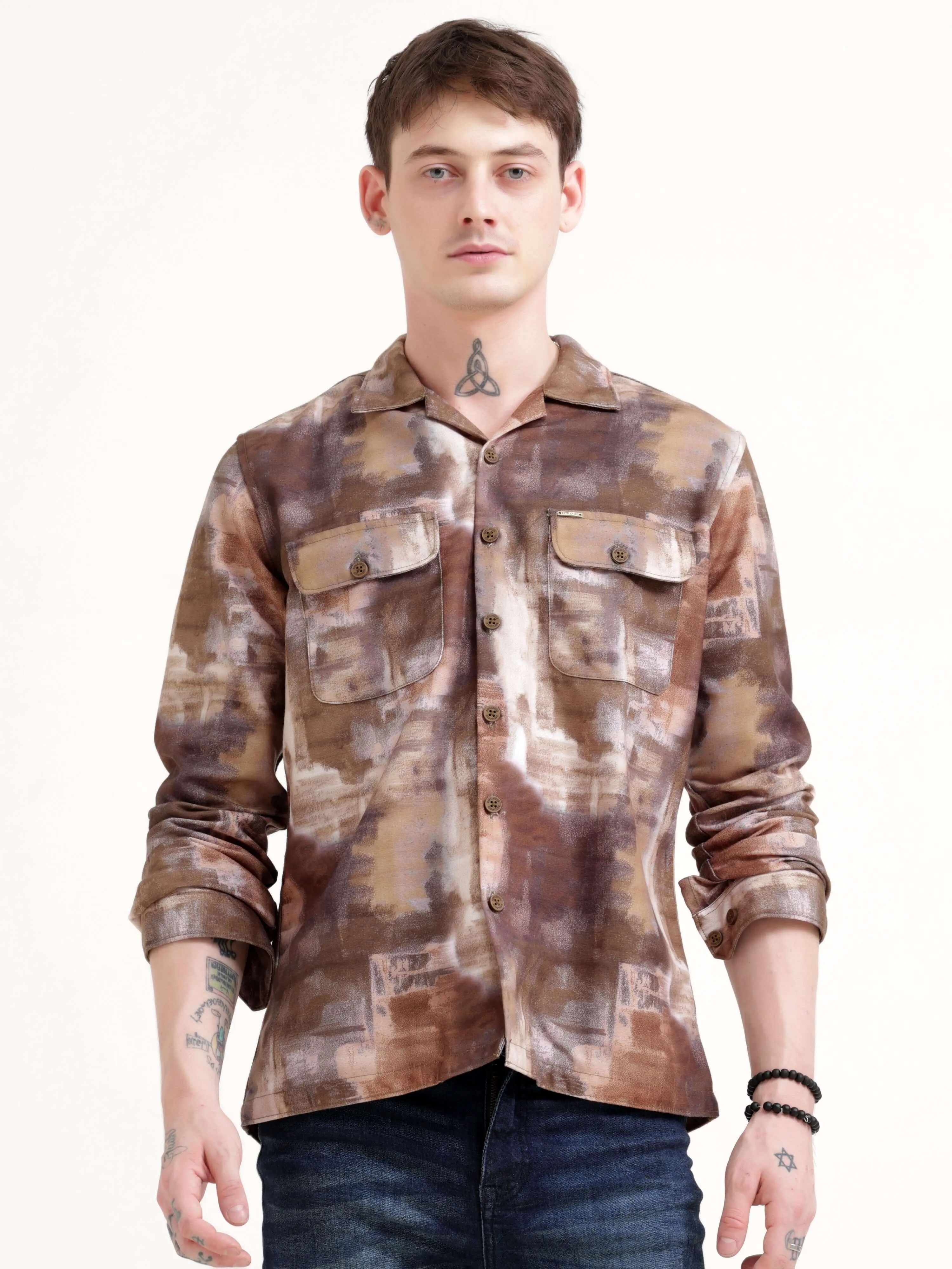 Enigmatic Multi Splash Brown Overshirt