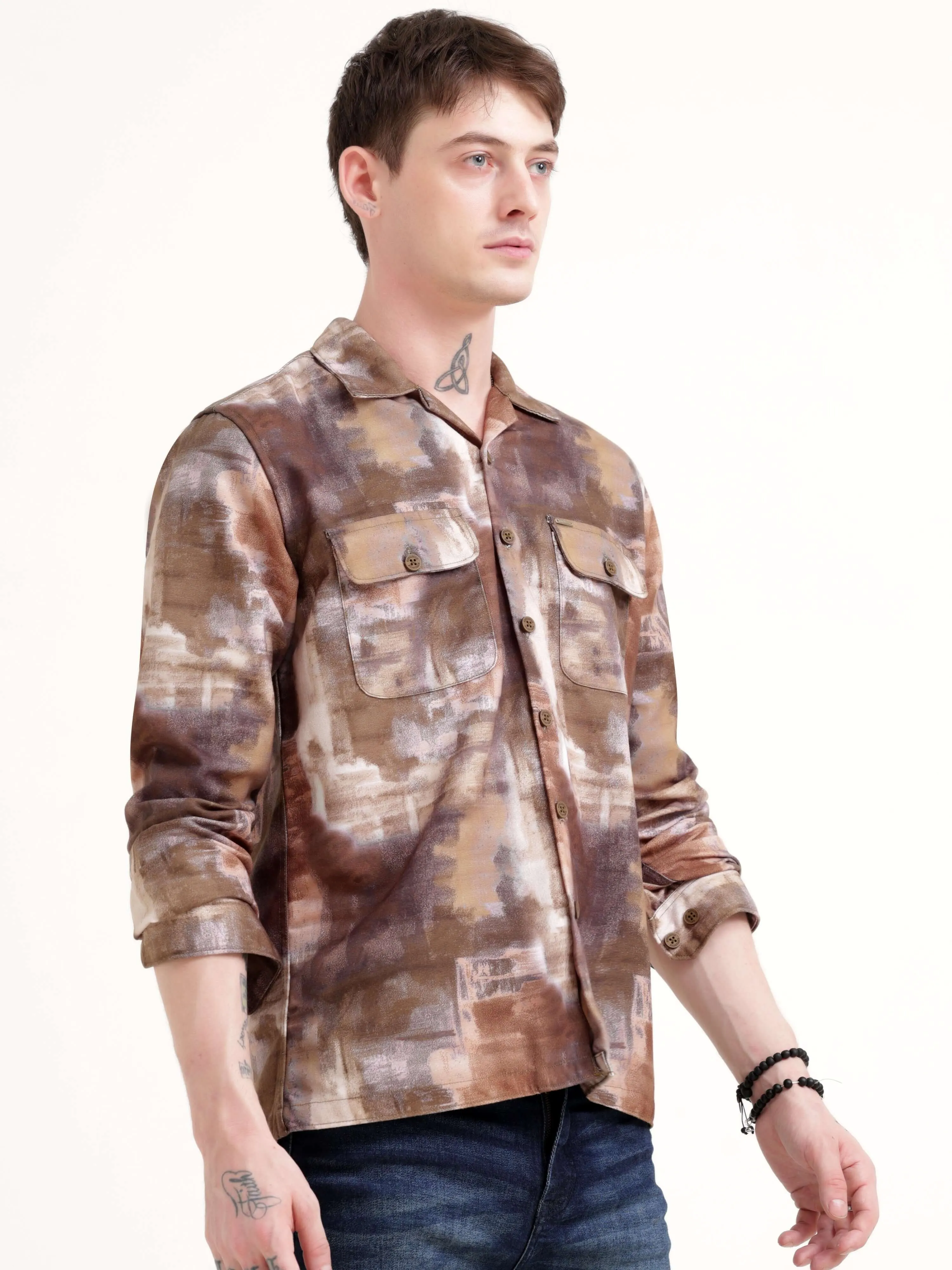 Enigmatic Multi Splash Brown Overshirt