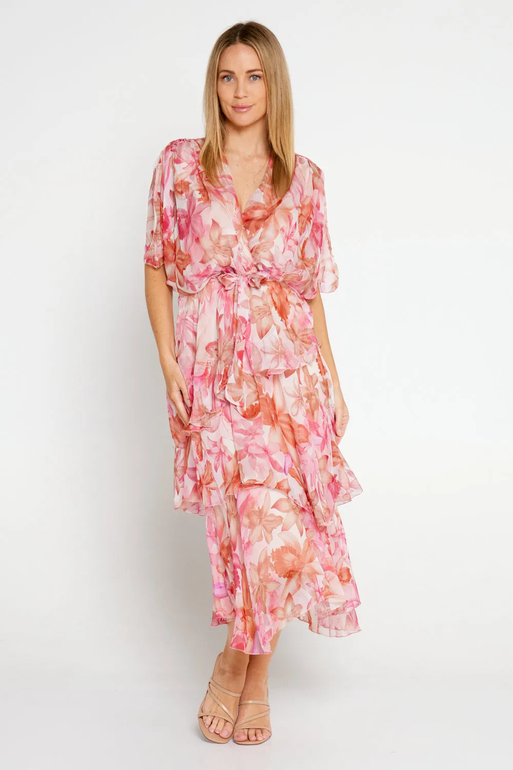 Estelle Chiffon Dress - Pink Tropical Floral