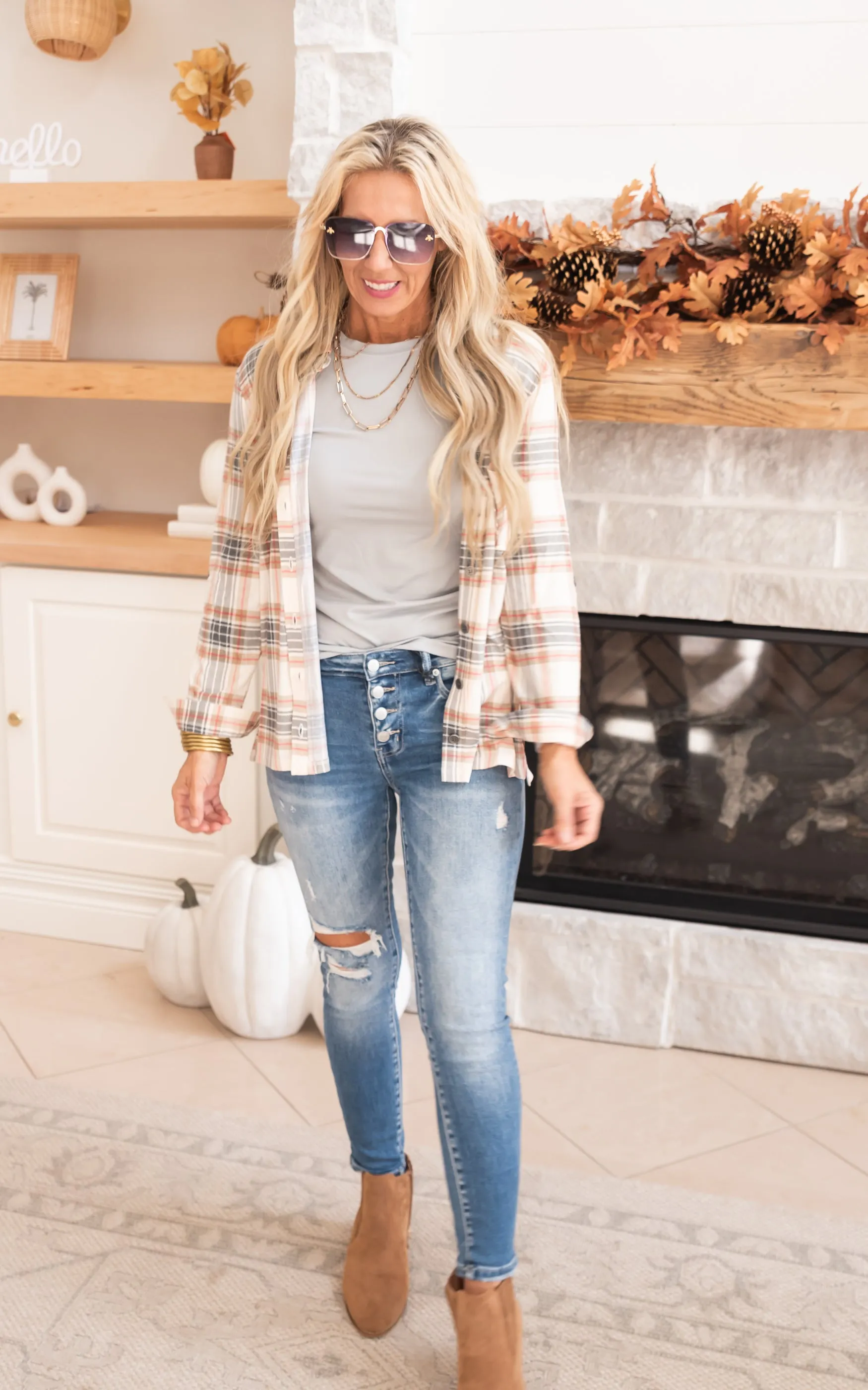 Falling for Plaid Roll Up Long Sleeve Top- Ivory