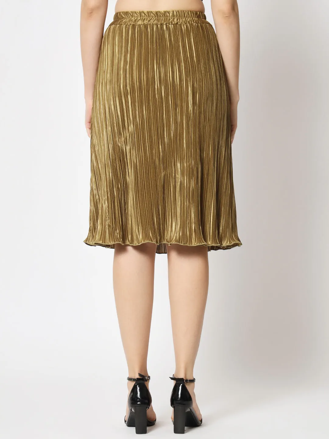 Flared Knee-Length Pleated Satin Skirt