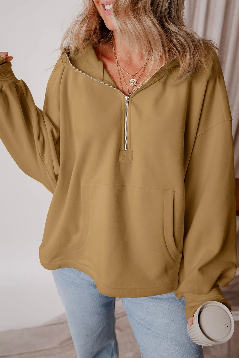 Fleece Lined Half Zipper Kangaroo Pockets Loose Hoodie