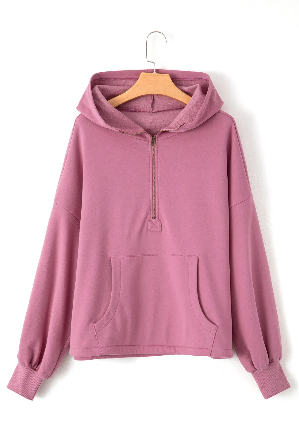 Fleece Lined Half Zipper Kangaroo Pockets Loose Hoodie