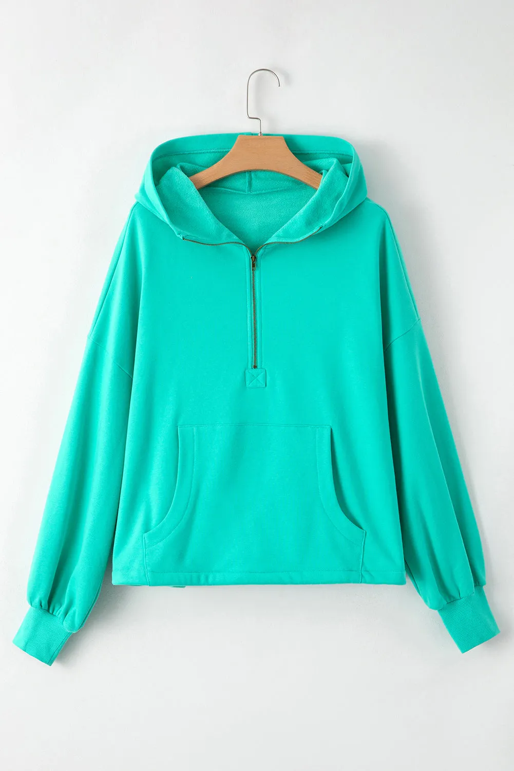 Fleece Lined Half Zipper Kangaroo Pockets Loose Hoodie