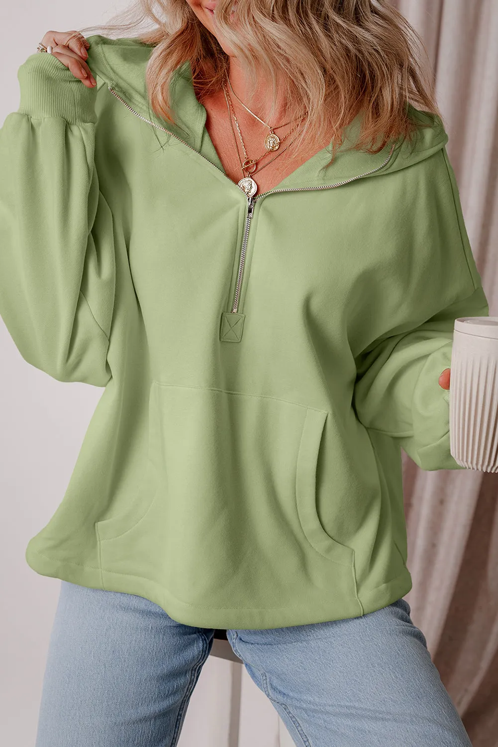 Fleece Lined Half Zipper Kangaroo Pockets Loose Hoodie