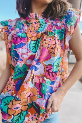 Floral Print Ruffle Sleeveless Smocked Top – Effortlessly Chic Summer Blouse 🌸