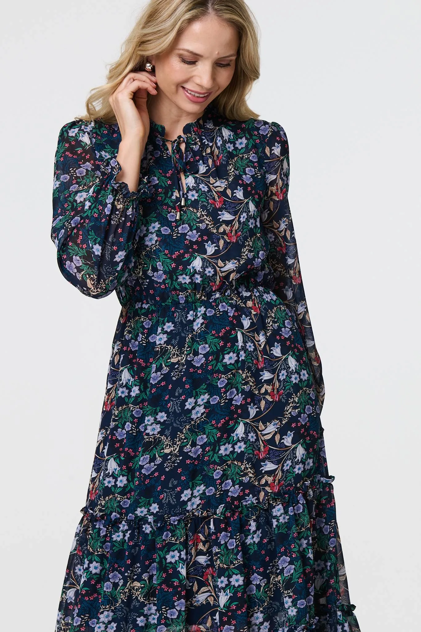 Floral Print Semi Sheer Midi Dress