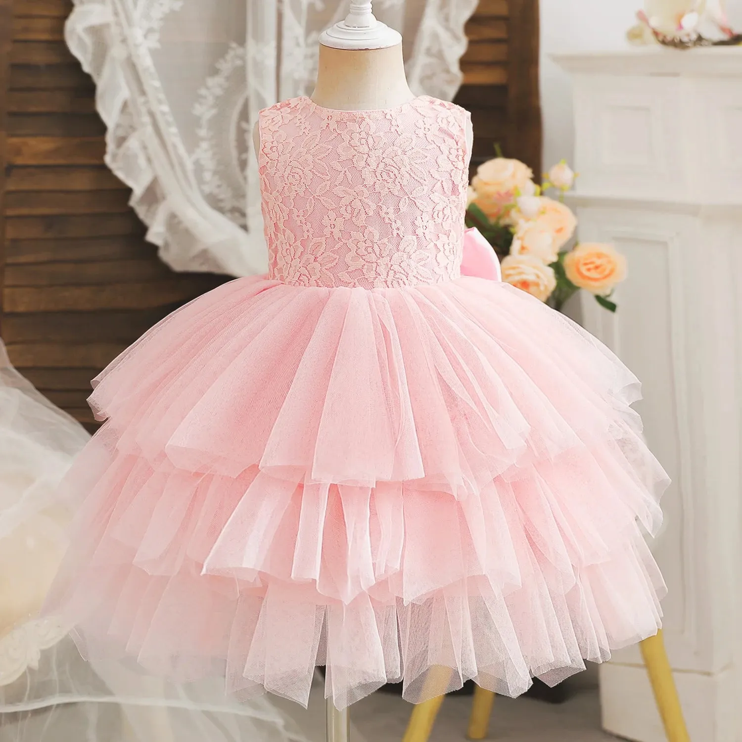 Flower Girls Dress 2-6 Yrs Lace Girls Princess Wedding Birthday Party Baby Summer Dress