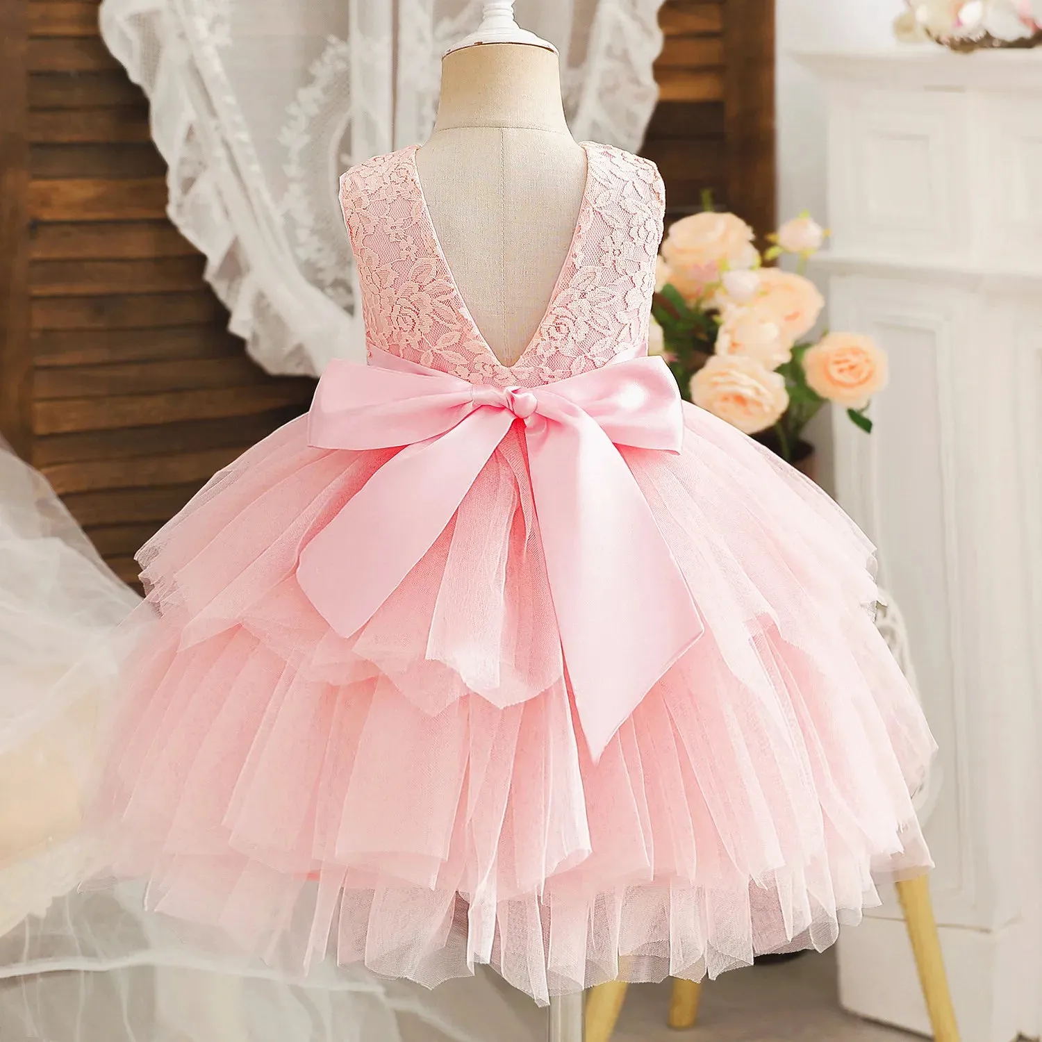 Flower Girls Dress 2-6 Yrs Lace Girls Princess Wedding Birthday Party Baby Summer Dress