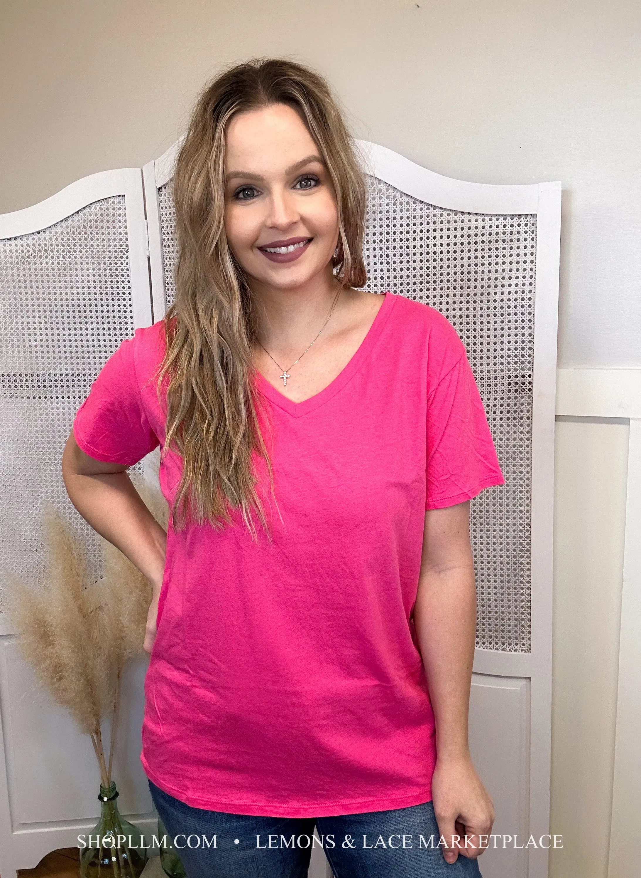 Fushia Better Than Basic Boyfriend Tee V-Neck