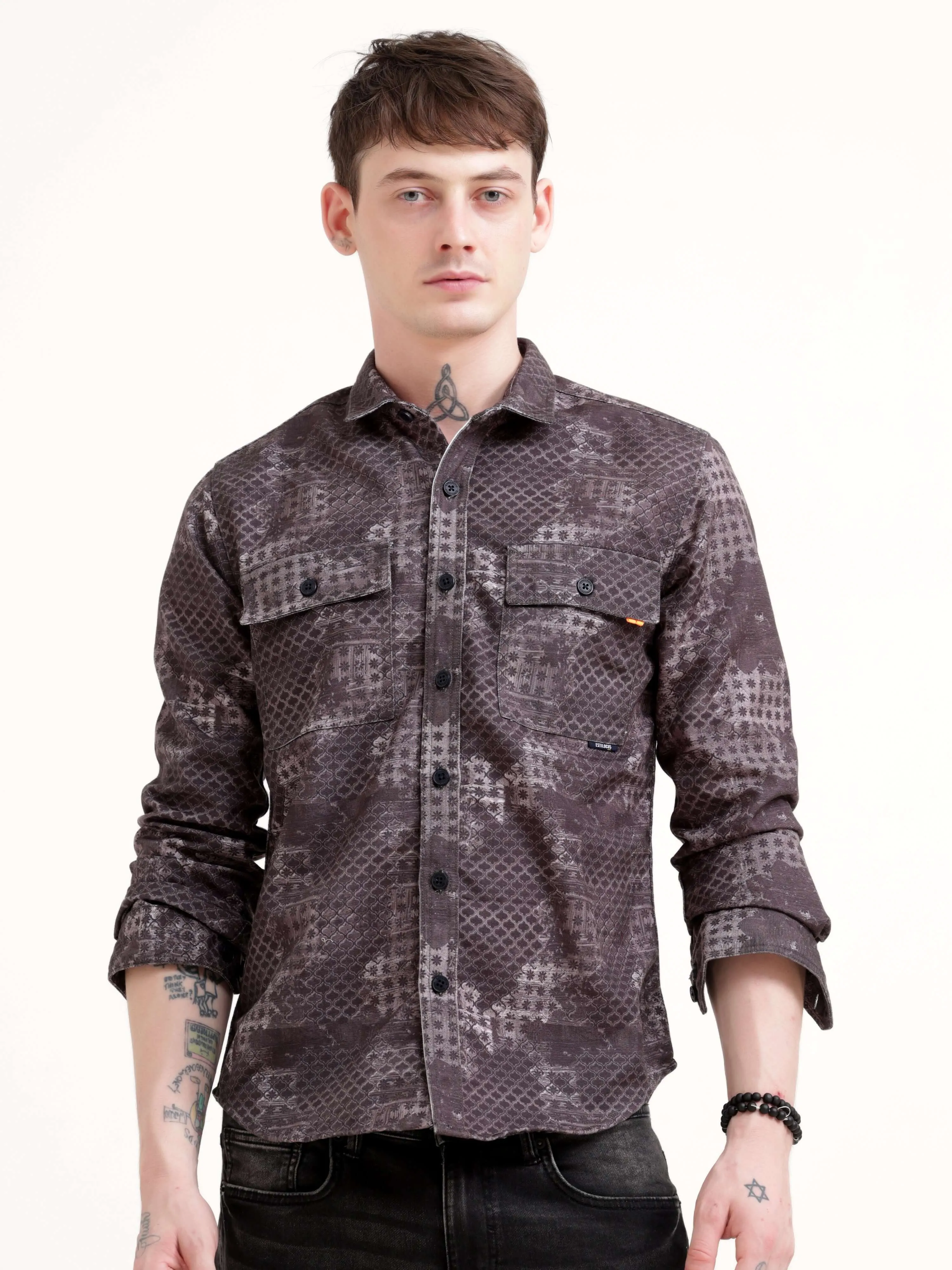 Geometric Print Brown Overshirt