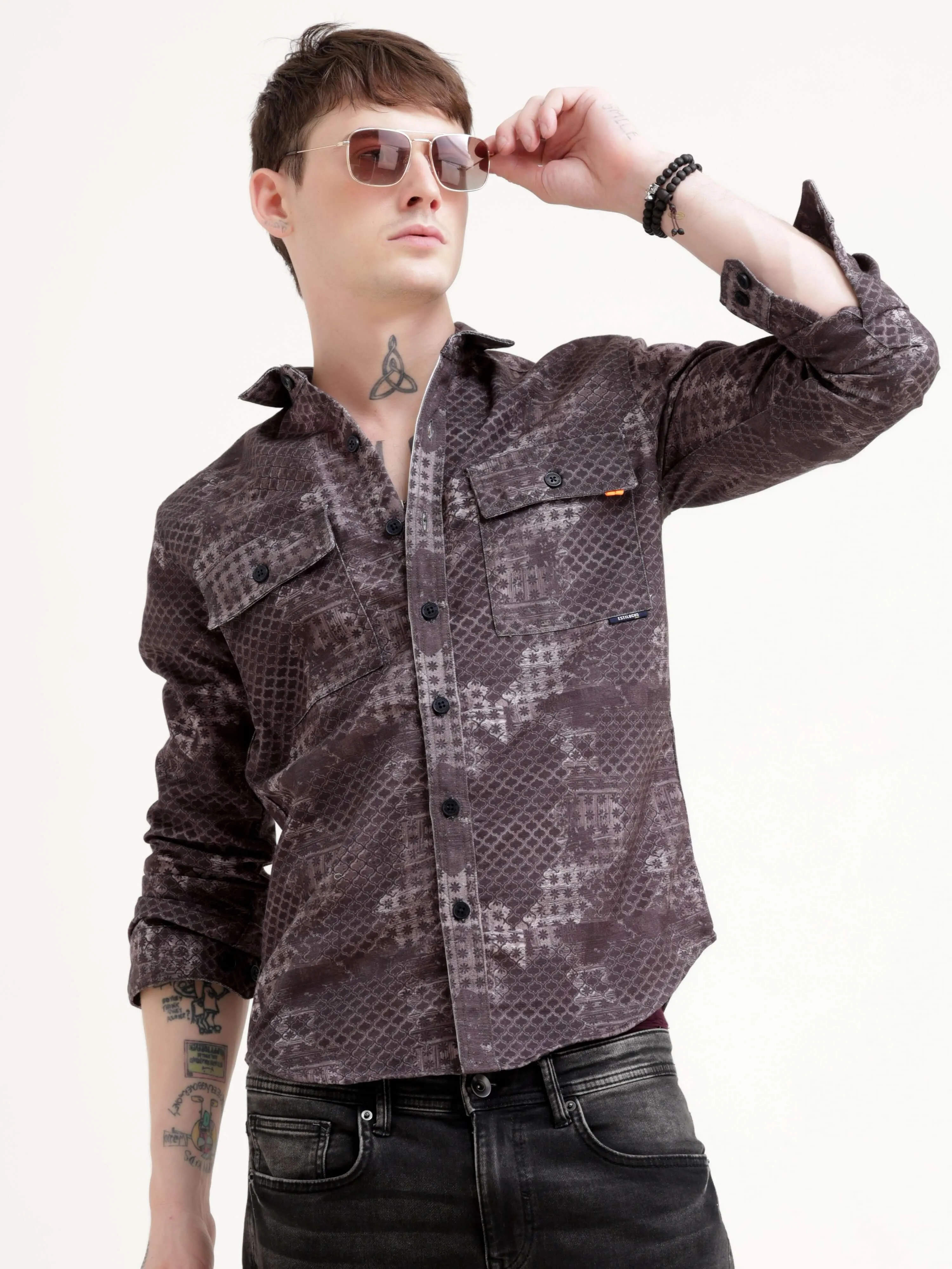 Geometric Print Brown Overshirt