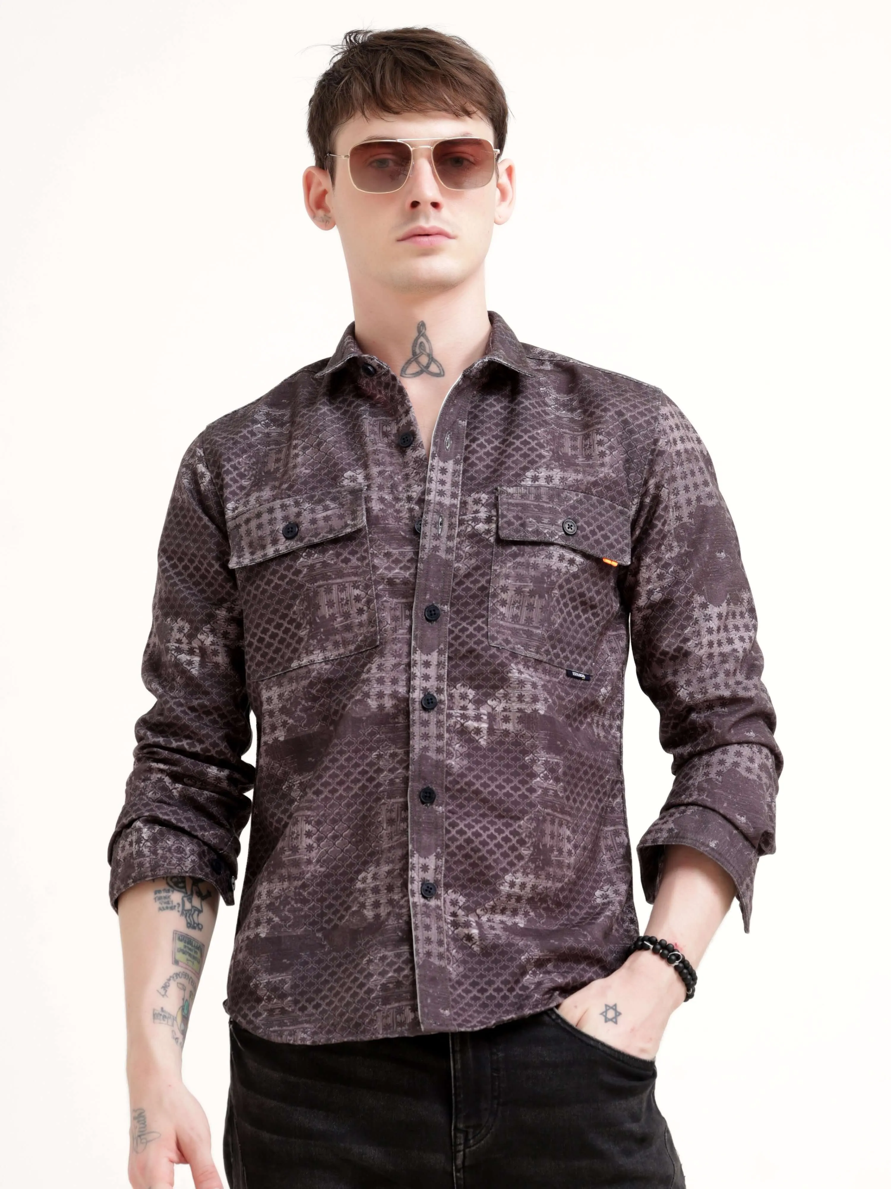 Geometric Print Brown Overshirt