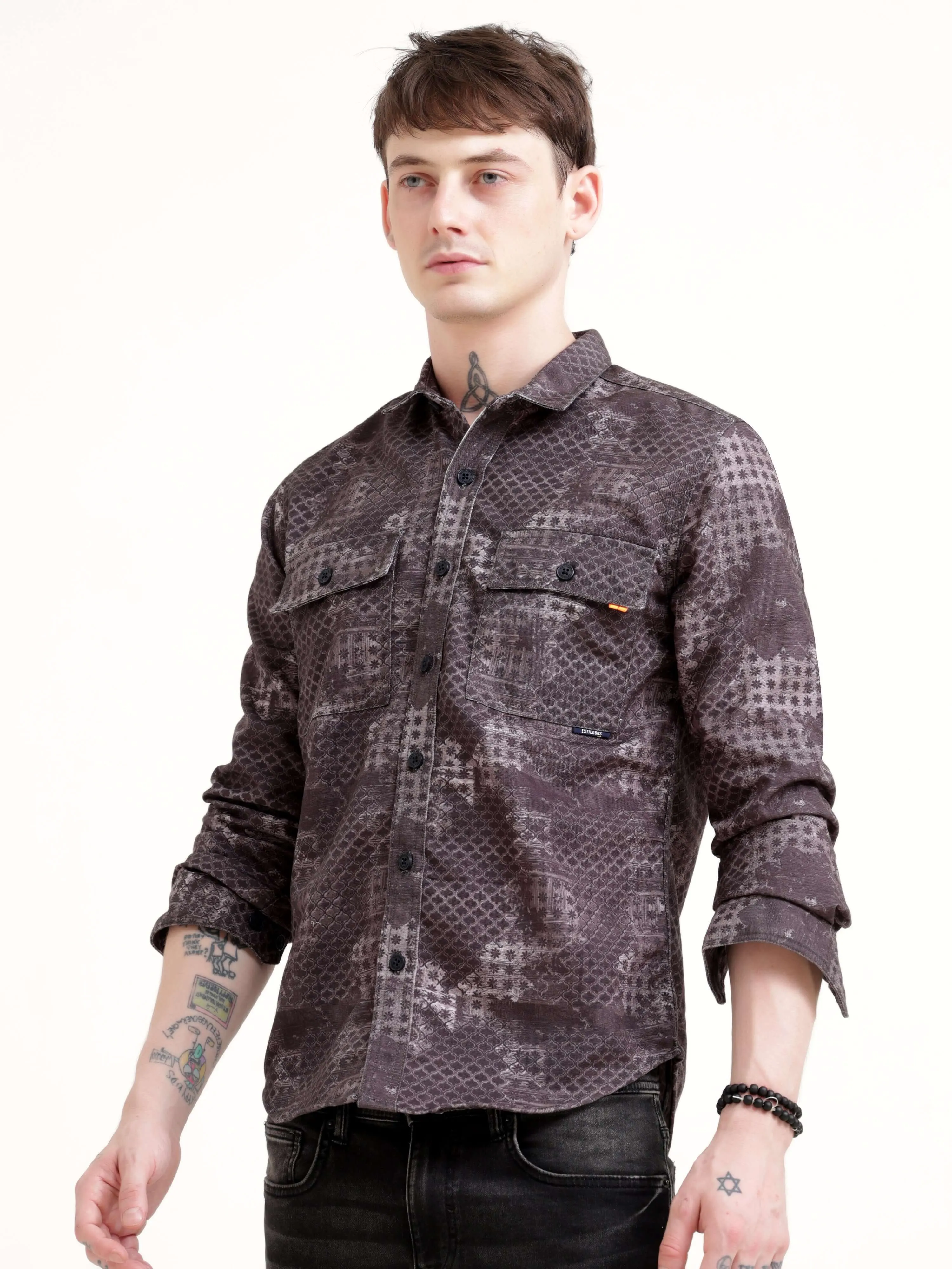 Geometric Print Brown Overshirt