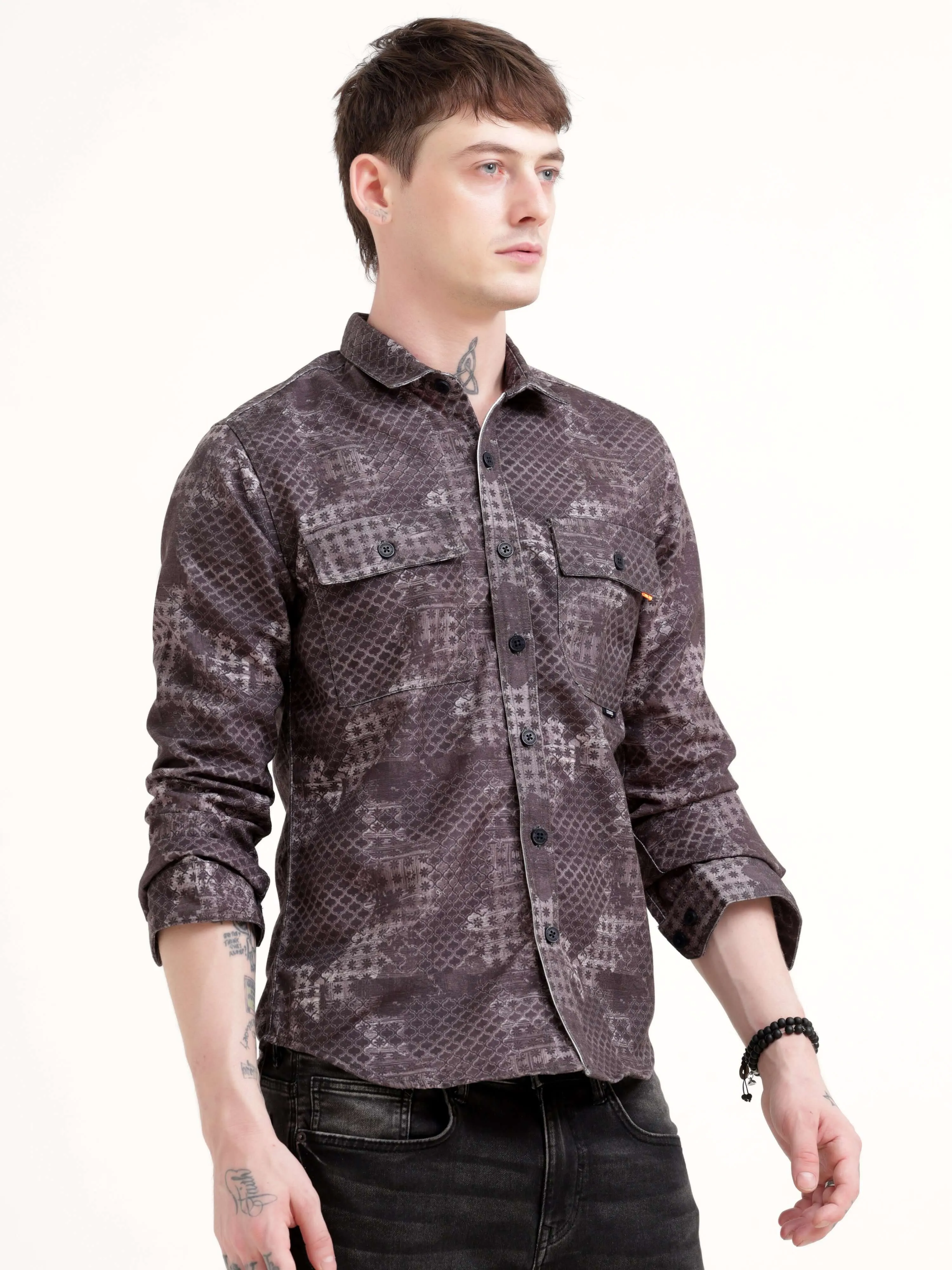 Geometric Print Brown Overshirt