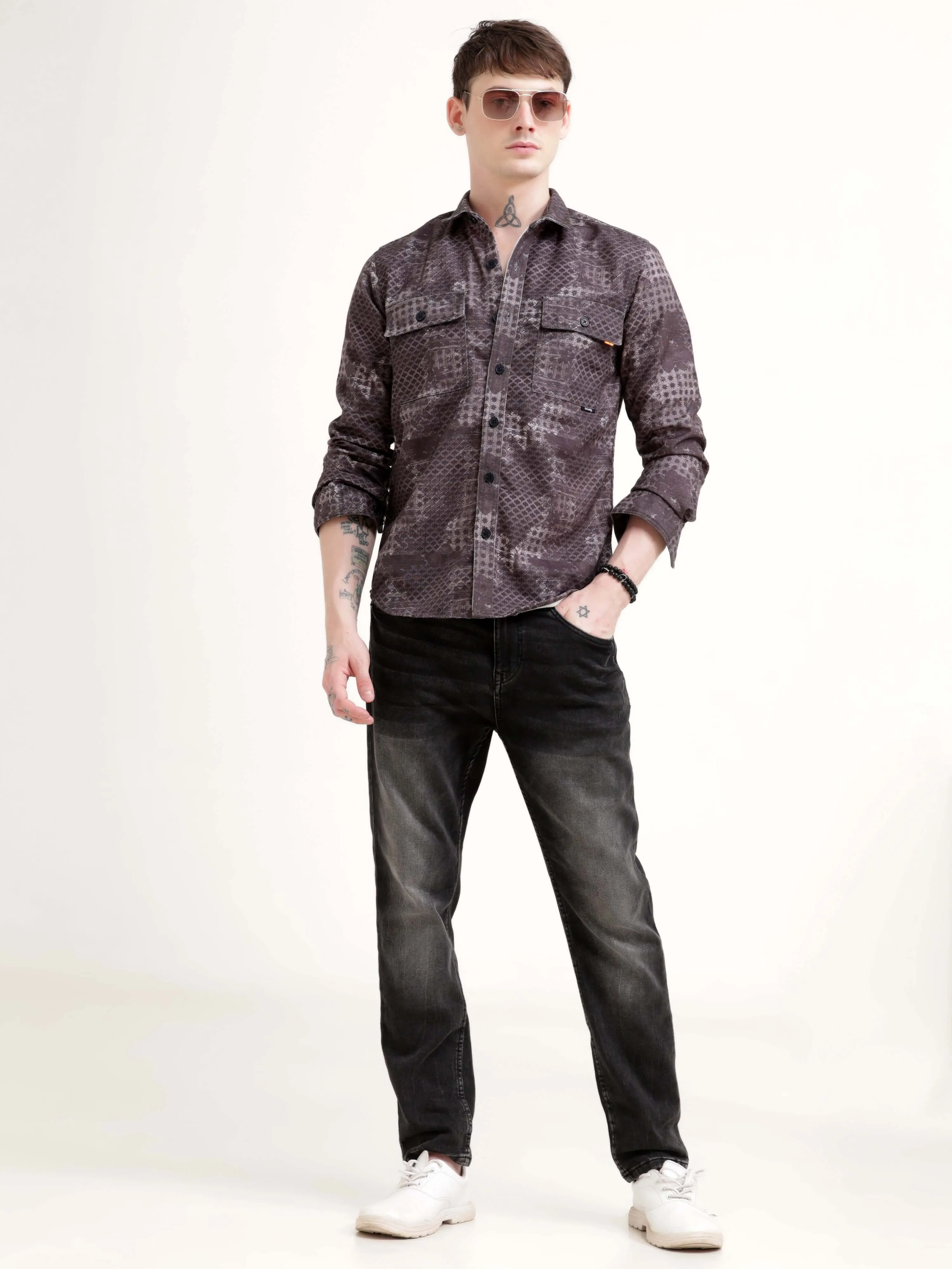 Geometric Print Brown Overshirt