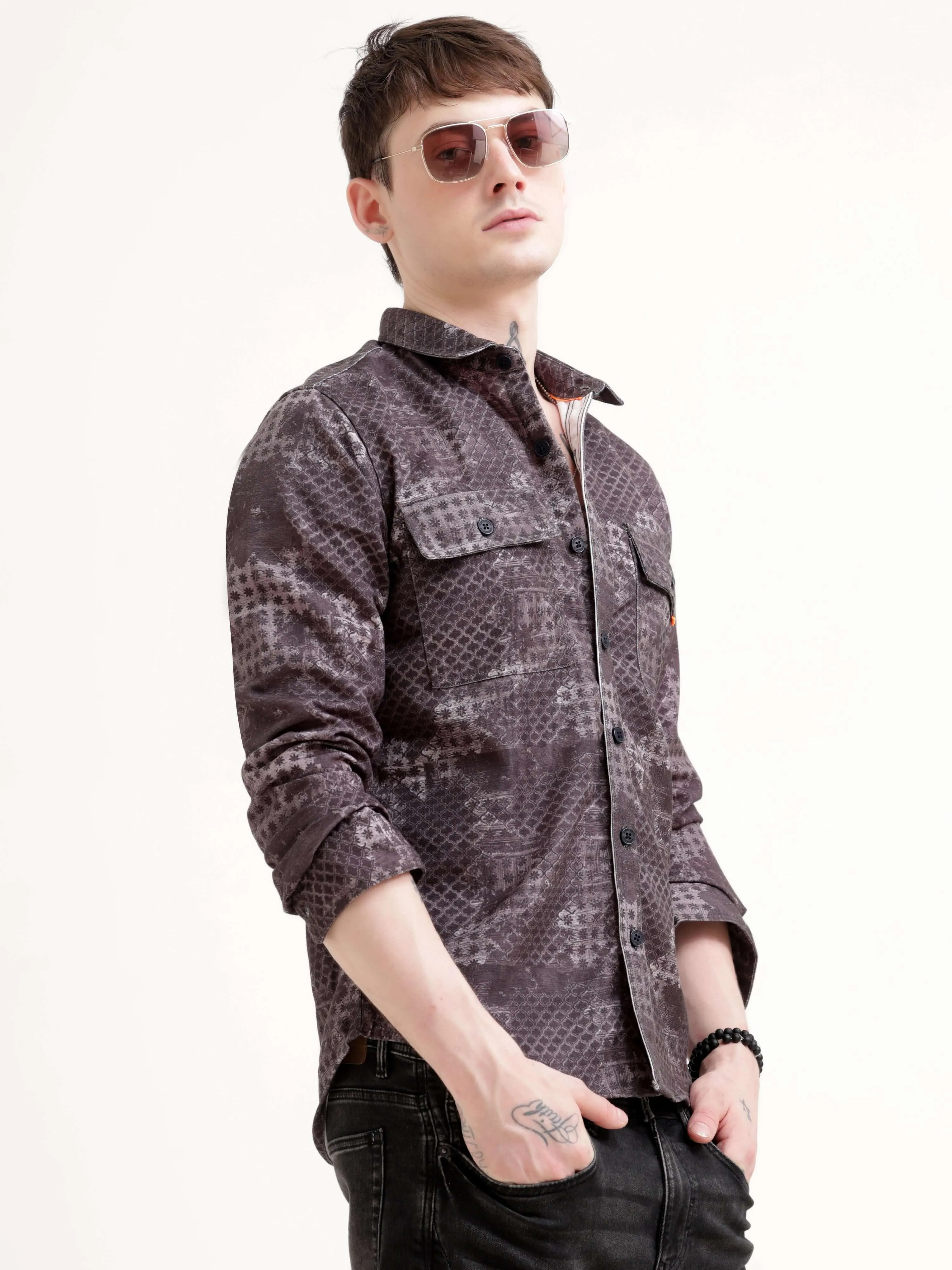 Geometric Print Brown Overshirt