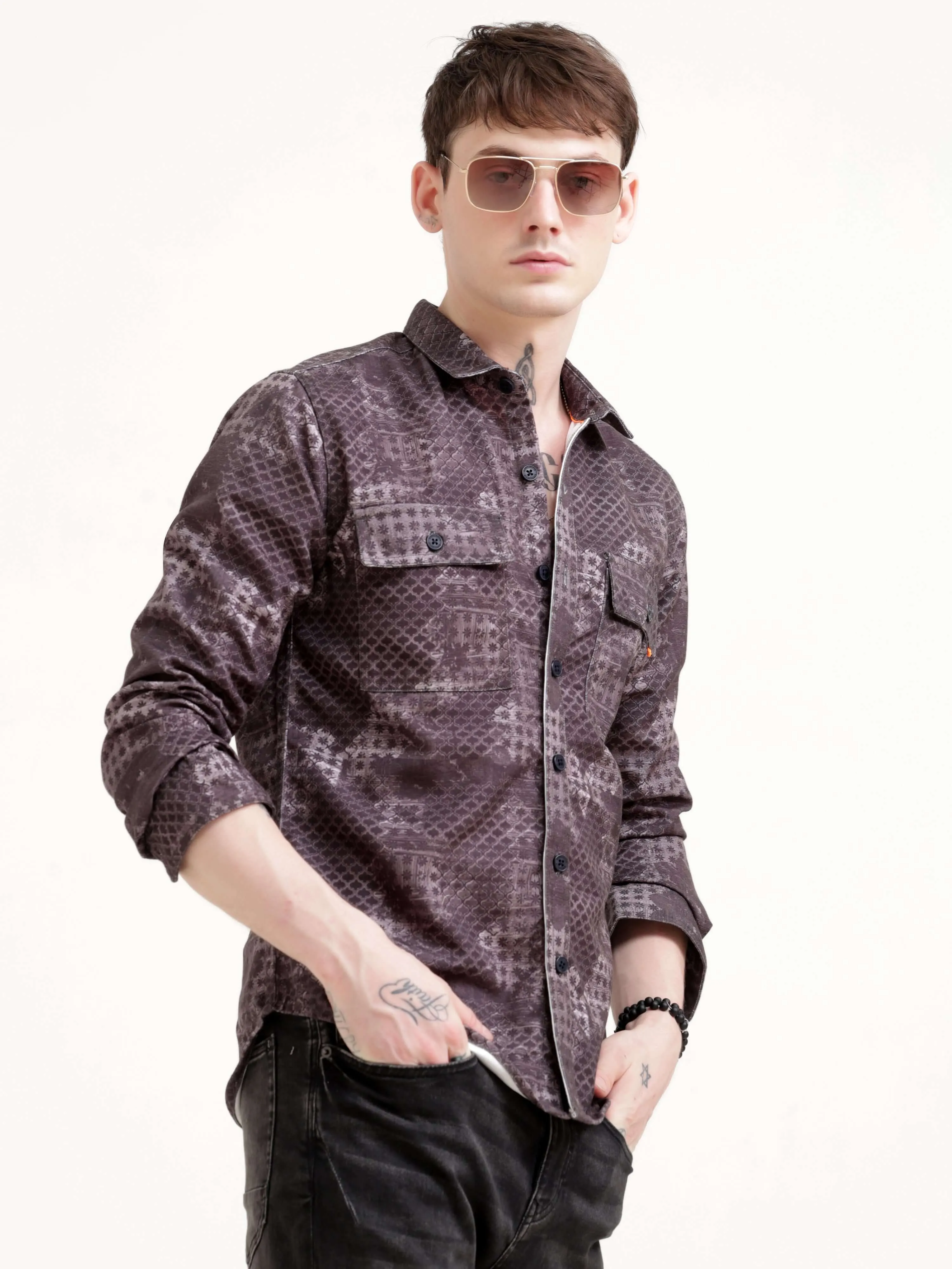 Geometric Print Brown Overshirt