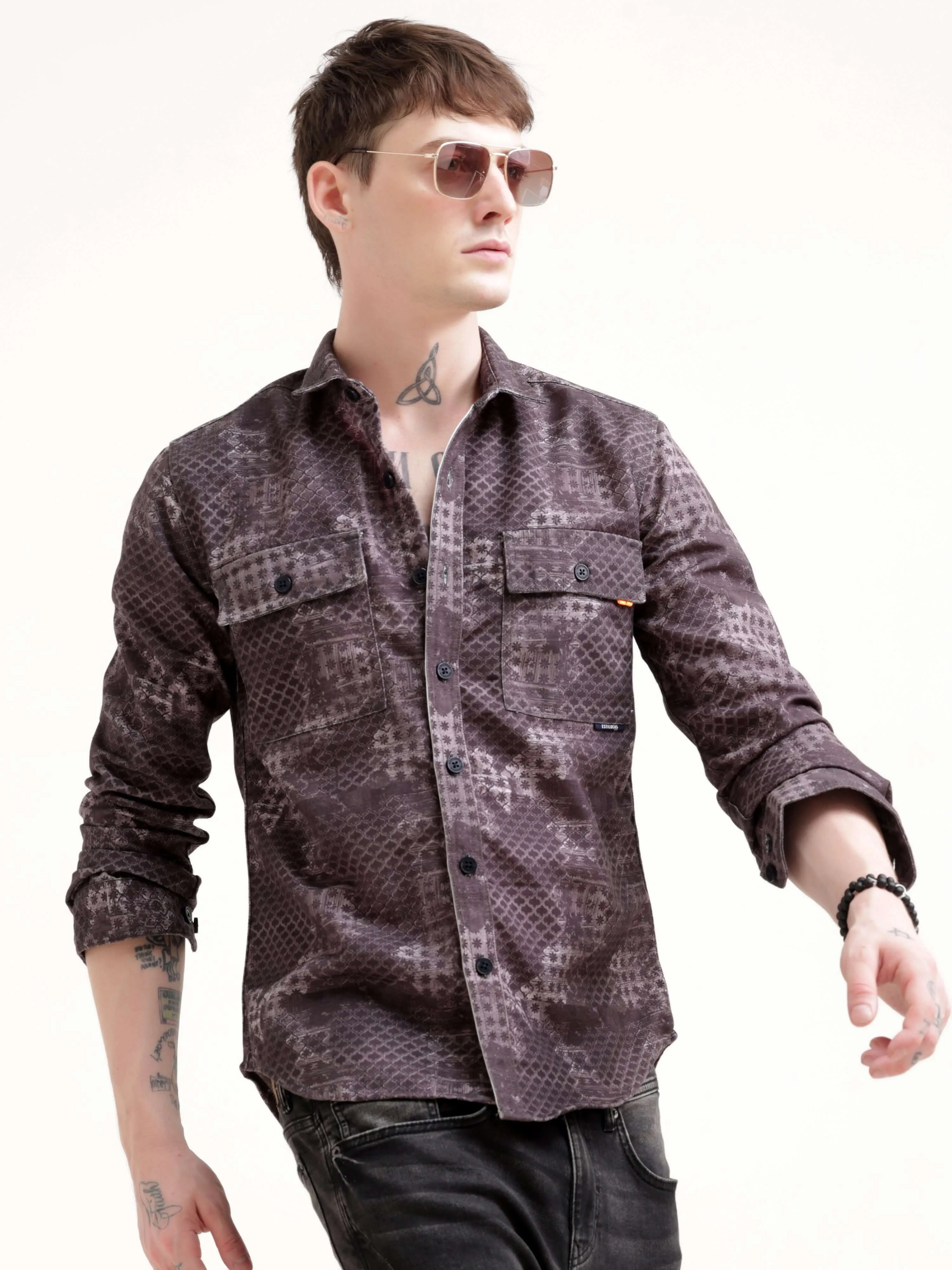 Geometric Print Brown Overshirt