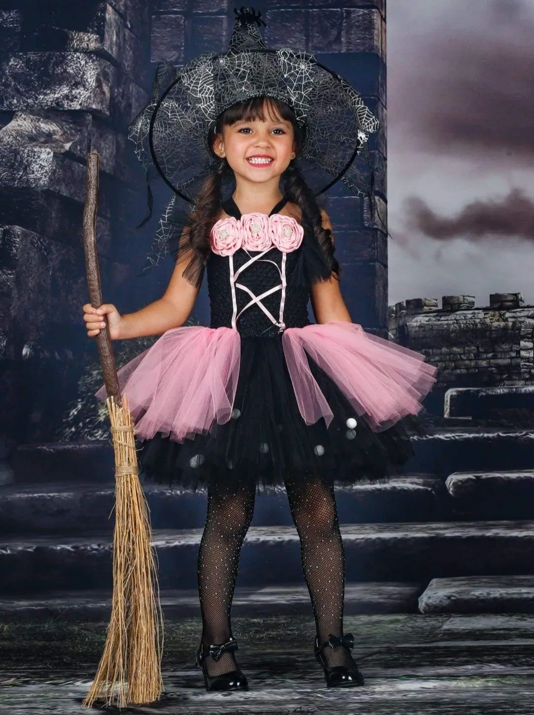 Girls Black & Pink Flower Applique Witch Tutu Halloween Dress