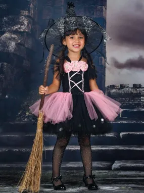 Girls Black & Pink Flower Applique Witch Tutu Halloween Dress