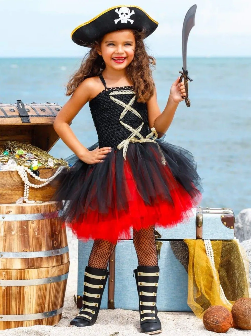 Girls Black & Red Pirate Halloween Tutu Dress with Hat