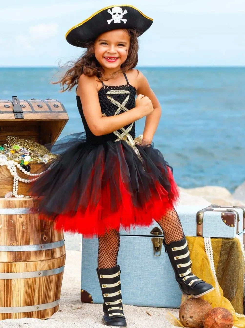 Girls Black & Red Pirate Halloween Tutu Dress with Hat