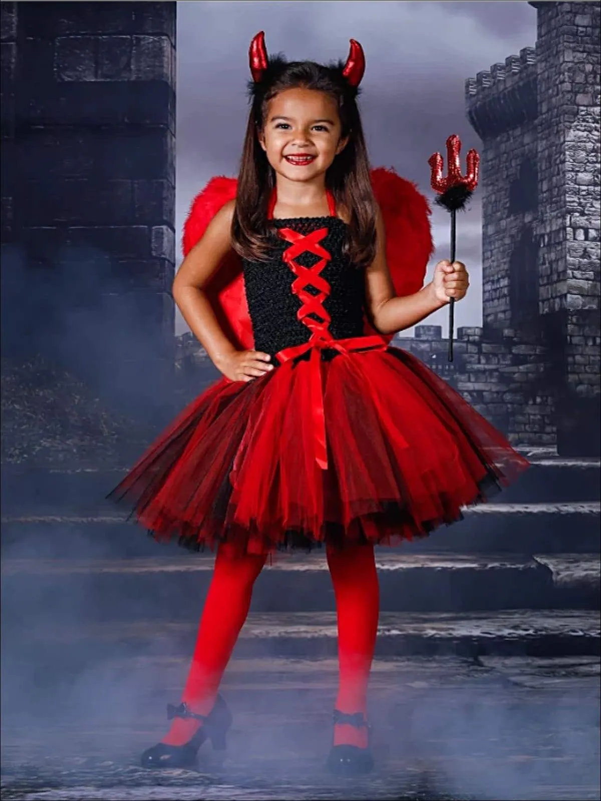 Girls Black & Red Tulle Devil Halloween Costume Dress