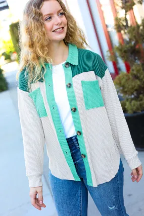 Give Joy Hunter Green Ribbed Colorblock Button Down Shacket