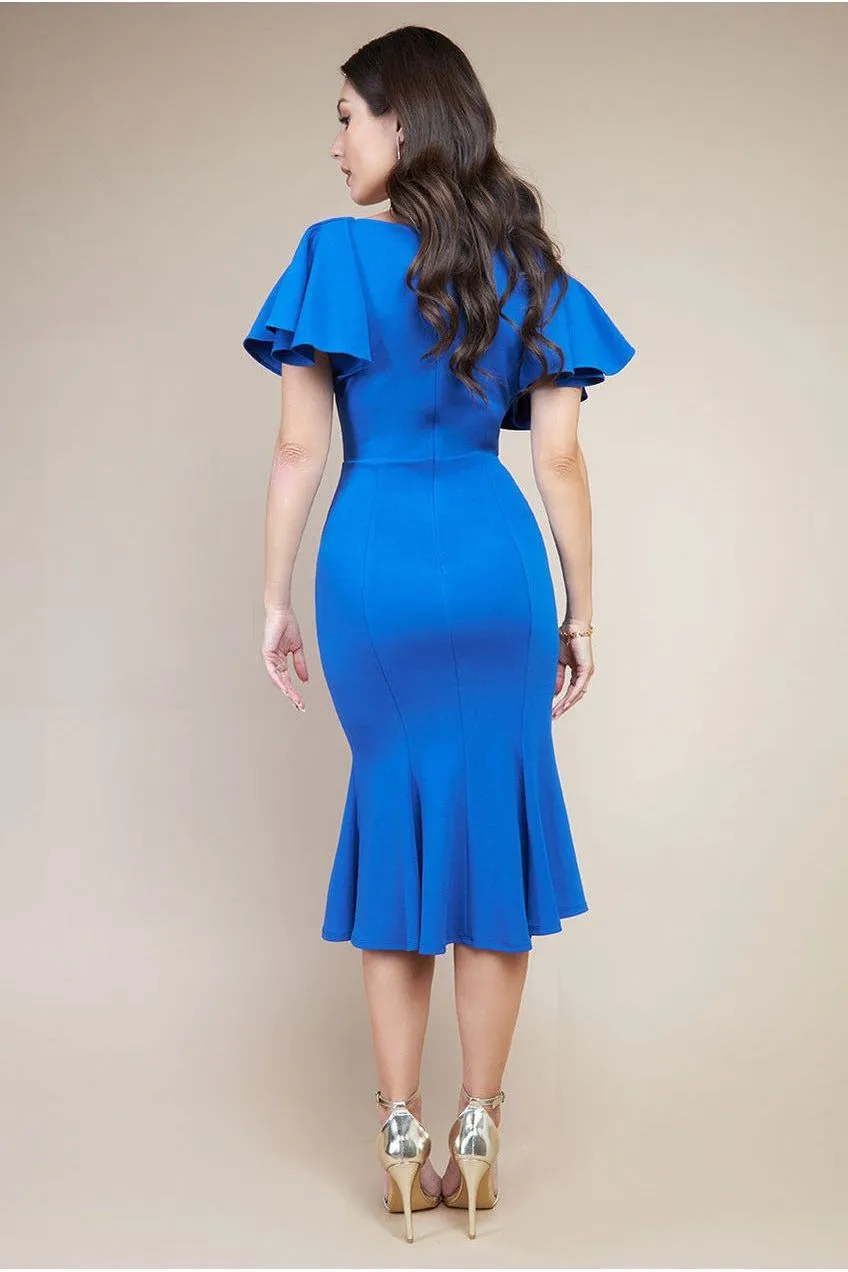 Goddiva Flared Sleeve Front Wrap Midi Dress - Royal Blue