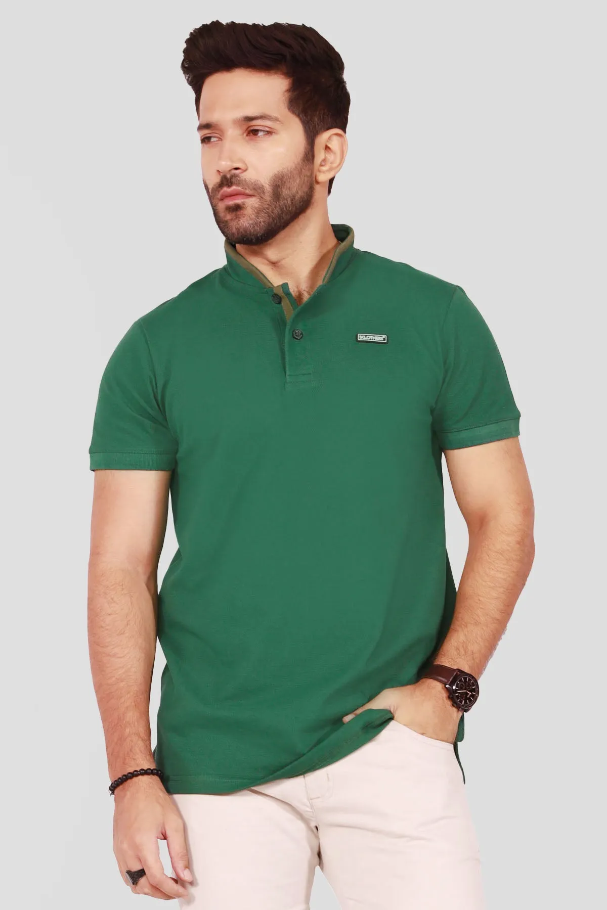 Green Mandarin Collar Polo Shirt - S22 - MP0101R