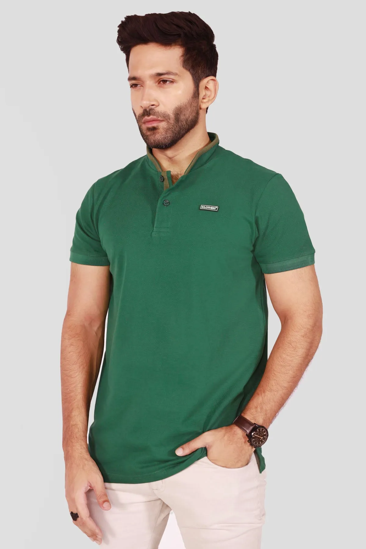 Green Mandarin Collar Polo Shirt - S22 - MP0101R