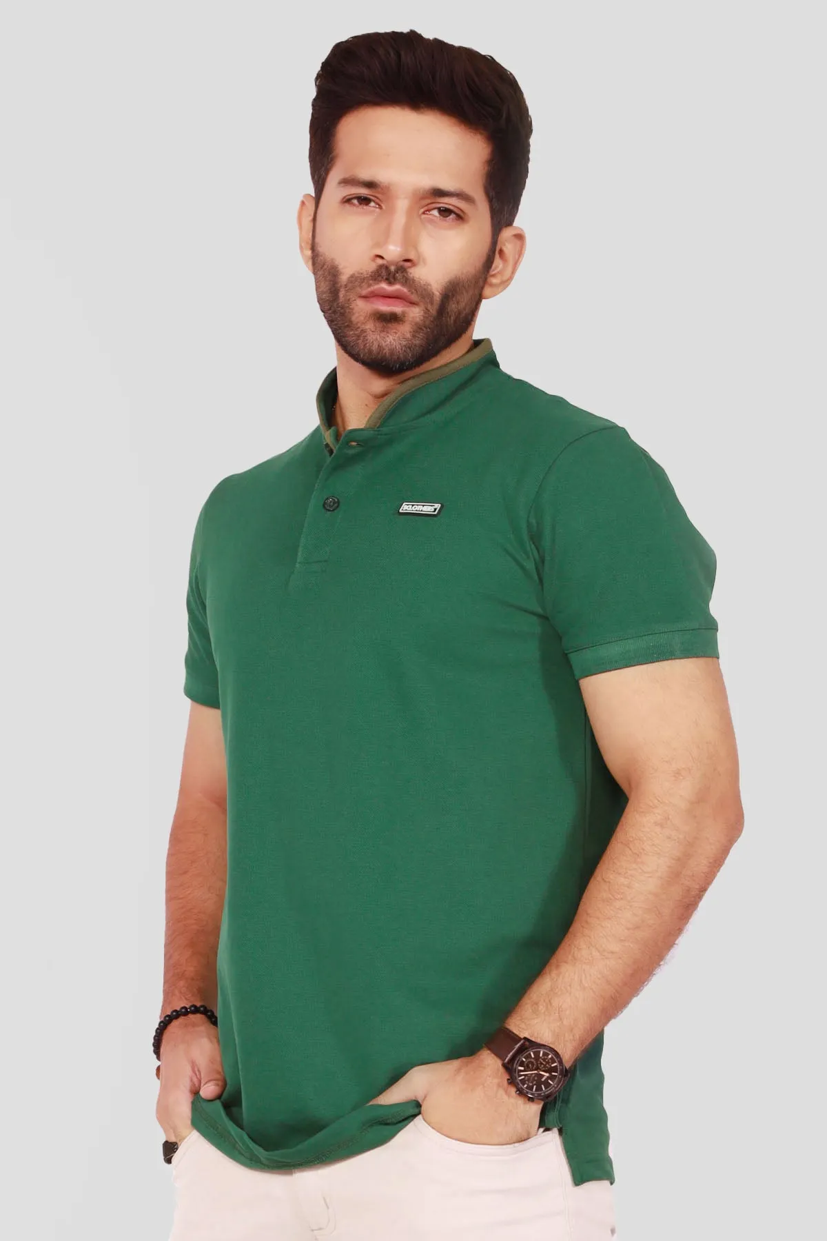 Green Mandarin Collar Polo Shirt - S22 - MP0101R