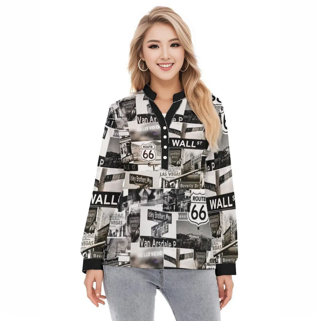 Greyed Streets Women's Long Sleeve Blouse With Button Closure