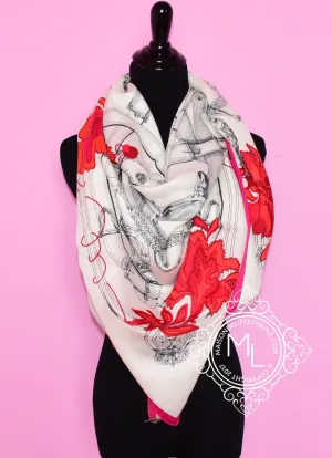 Hermes "Cavalcadour Fleuri" Red Cashmere 140 GM Shawl Scarf